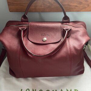 Longchamp Dark Red Le Pliage (Cuir)Leather Tote/Crossbody Bag